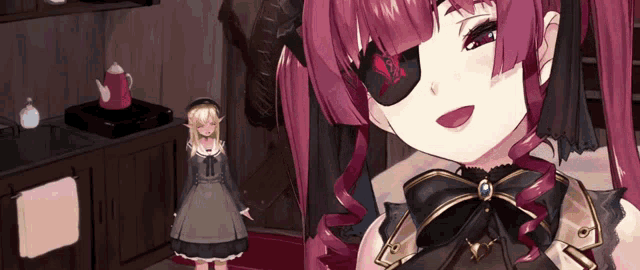 a girl with a red eye patch is standing next to a doll