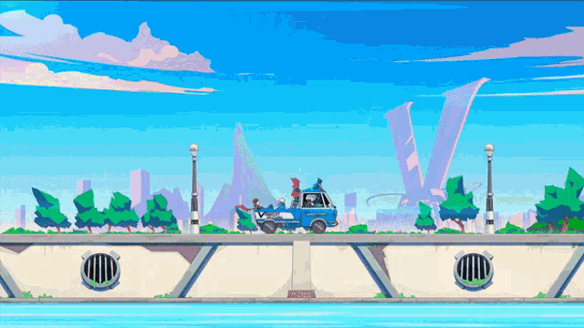 a cartoon drawing of a blue van driving down a bridge