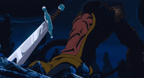 a cartoon drawing of a man holding a sword in the water