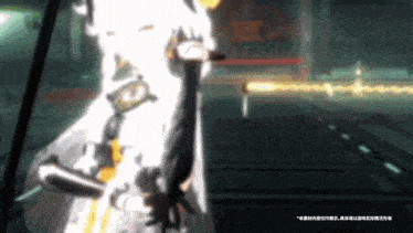 a woman in a white dress and black gloves is standing in a dark room in a video game .