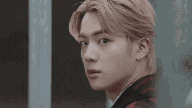 a close up of a young man 's face with blonde hair and a plaid jacket .