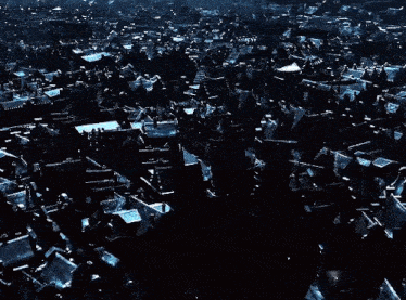 a dark landscape with a lot of houses and roofs