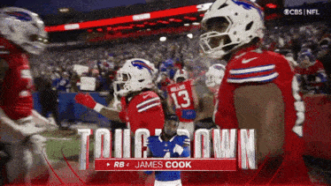 a buffalo bills football player named james cook is standing on the field