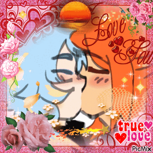a picture of a man and woman kissing with the words true love in the corner
