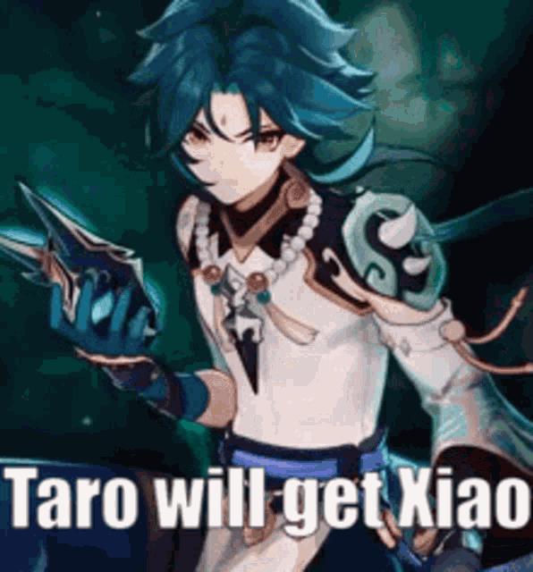taro will get xiao from genshin impact is holding a sword in his hands .