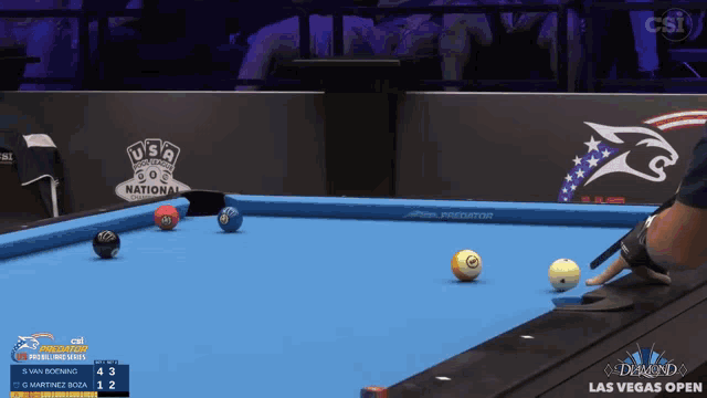 a pool table with a predator logo in the background