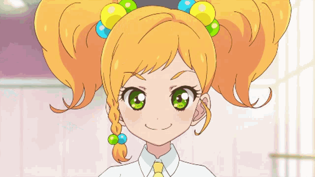 a girl with orange hair and green eyes is wearing a headband with colored beads