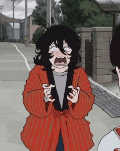 a cartoon character with black hair and a red jacket