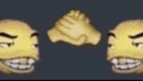 two smiley faces are shaking hands with each other on a black background .