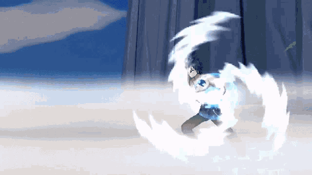 a video game character is spinning in the air with a sword