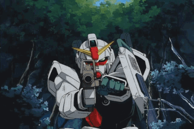 a robot is holding a gun and has a shield on his shoulder