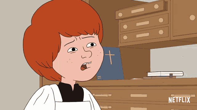 a cartoon of a priest with netflix written on the bottom left