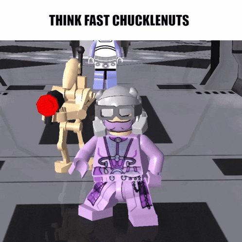a lego figure with the words think fast chucklenuts on the top
