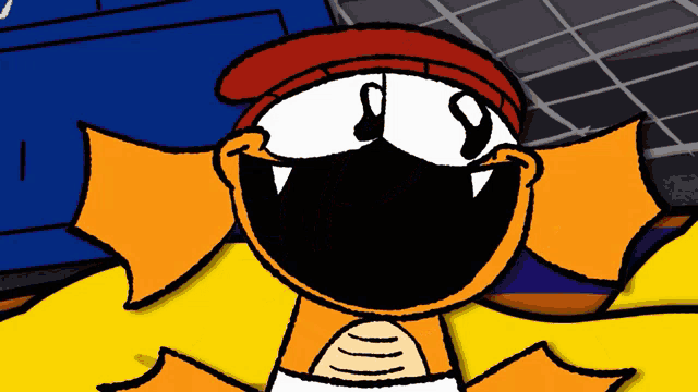 a close up of a cartoon character with a red hat on