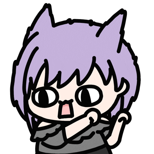 a drawing of a person with purple hair and black eyes