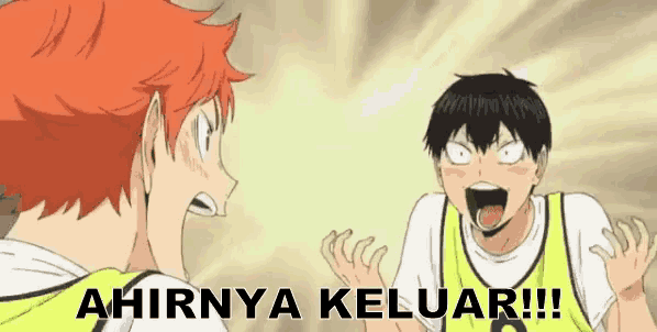 a couple of anime characters are standing next to each other with the words ahirnya keluar written on the bottom of the image .