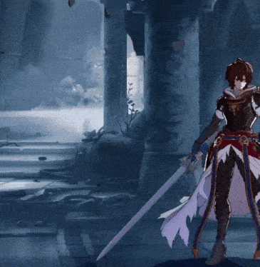 a cartoon character is holding a sword in a dark room