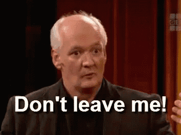 a bald man in a suit is talking and says `` don 't leave me '' .
