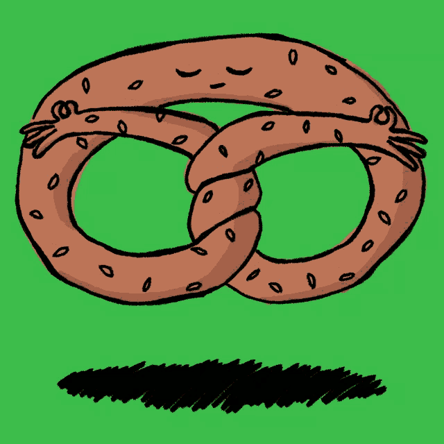 a drawing of a pretzel with a face on it on a green background