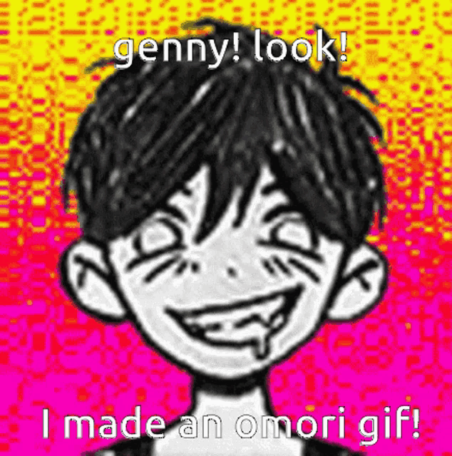 a black and white drawing of a boy with a smile on his face and the words `` genny look ! ''