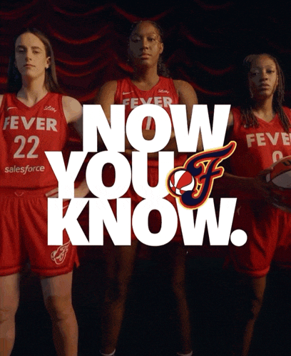three female basketball players stand in front of a now you know advertisement
