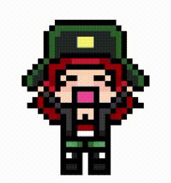 a pixel art drawing of a girl with red hair and a green hat