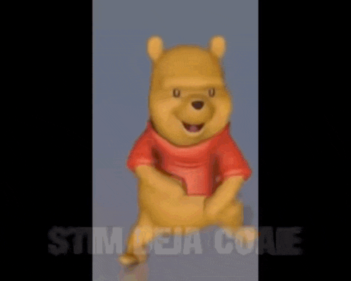 a winnie the pooh figurine is dancing with the words stim deja coaie written below it