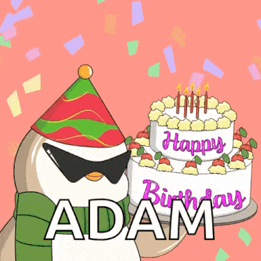 a penguin wearing a party hat and sunglasses holds a birthday cake with the name adam on it