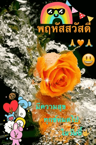 a picture of an orange rose with a rainbow and smiley faces