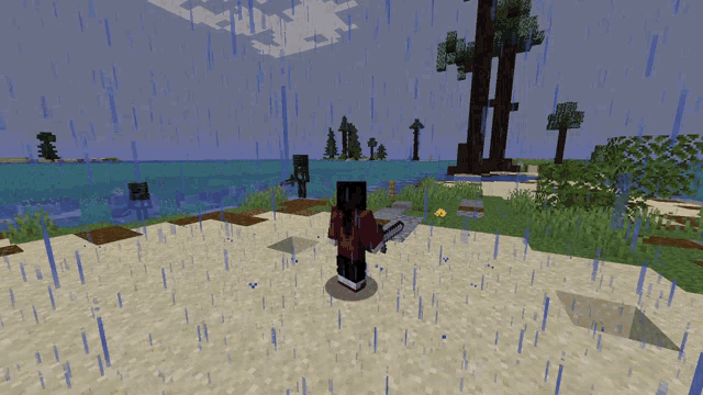 a screenshot of a video game where a person is standing in the rain holding a sword