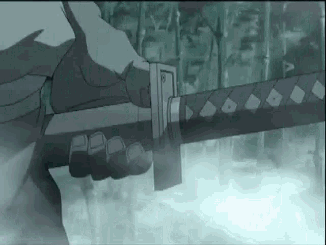 a person is holding a sword in their hand in front of a foggy forest .