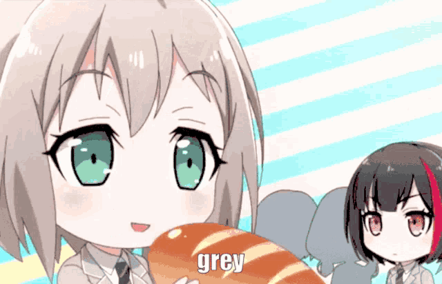 a girl with green eyes is holding a loaf of bread with the word grey written on it