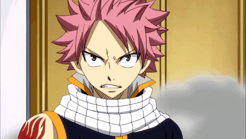 a cartoon character with pink hair has a tattoo on his arm that says fairy tail