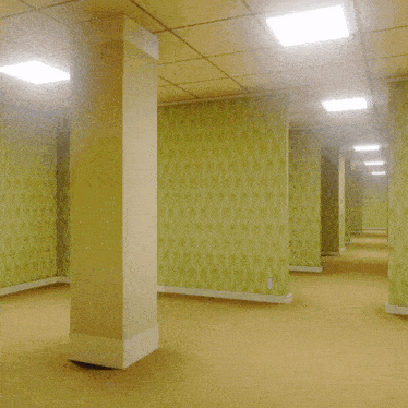 an empty hallway with a cartoon drawing of a horned monster