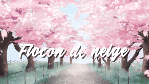 a painting of cherry blossom trees with the words flocon de neige in white letters