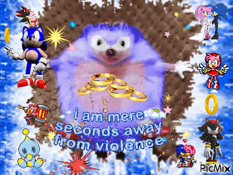 a picture of sonic the hedgehog with the words " i am mere seconds away from violence " on the bottom