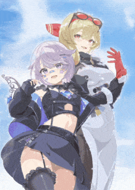 a couple of anime girls standing next to each other with a blue sky in the background