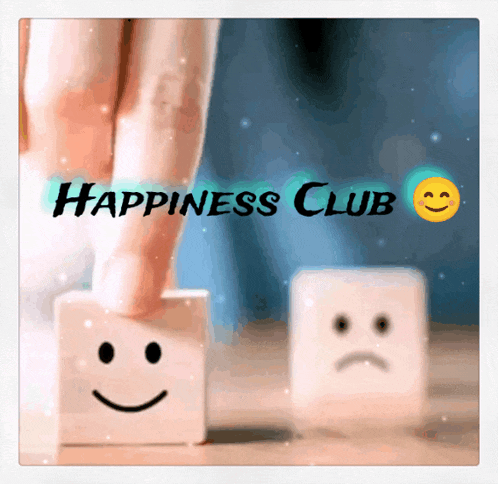 a happiness club logo with a smiley face and sad face