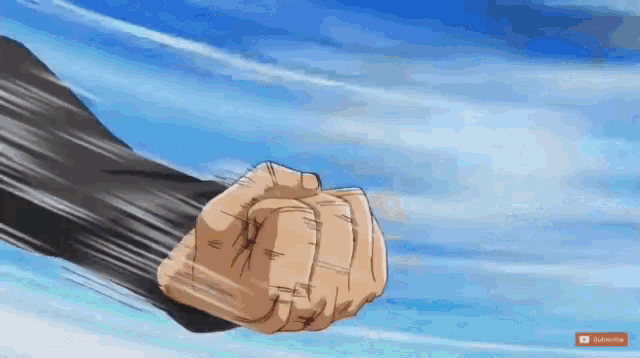a person 's fist is being thrown in the air with a youtube subscribe button in the corner