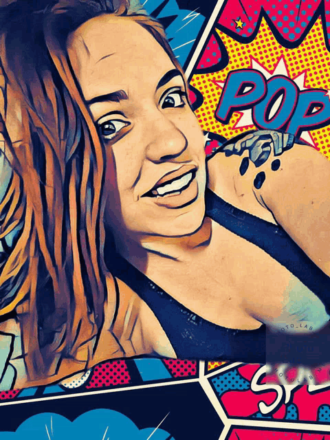 a pop art drawing of a woman with the word pop in the background