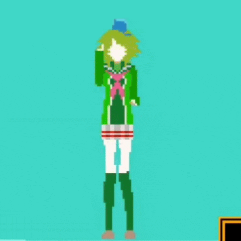 a pixel art of a girl in a green outfit and a blue hat standing on a blue background .