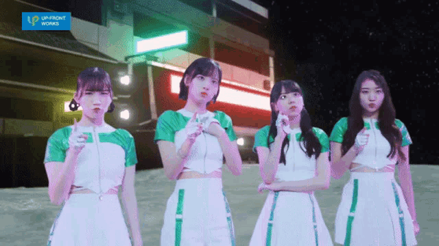 a group of asian girls are standing in front of a sign that says upfront works