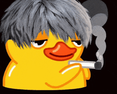 a yellow rubber duck with gray hair is smoking a cigarette
