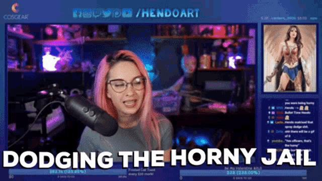 a woman with pink hair stands in front of a microphone with the words dodging the horny jail below her