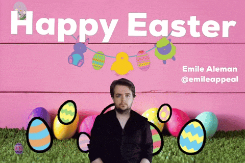 a pink background with easter eggs and a man in front of it