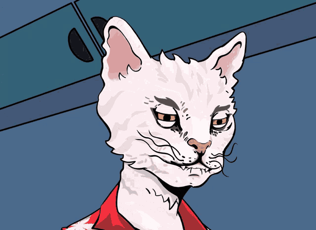 a drawing of a white cat with a red shirt on