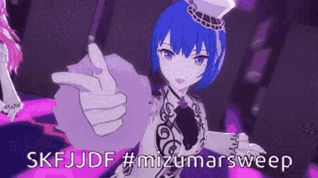 a girl with blue hair is pointing at the camera with the words skfjddf #mizumarsweep below her