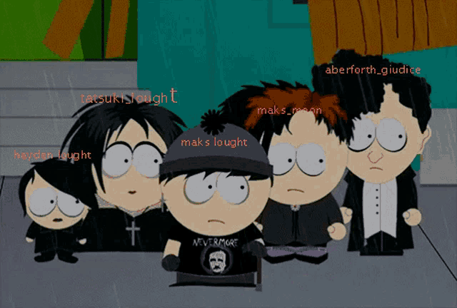 a group of south park characters are standing next to each other and one of them is wearing a shirt that says nevermore