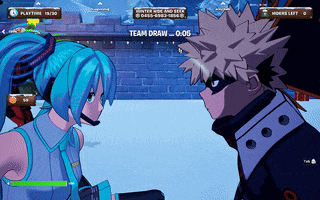 hatsune miku and bakugo face off in a video game with a team draw at 0:06