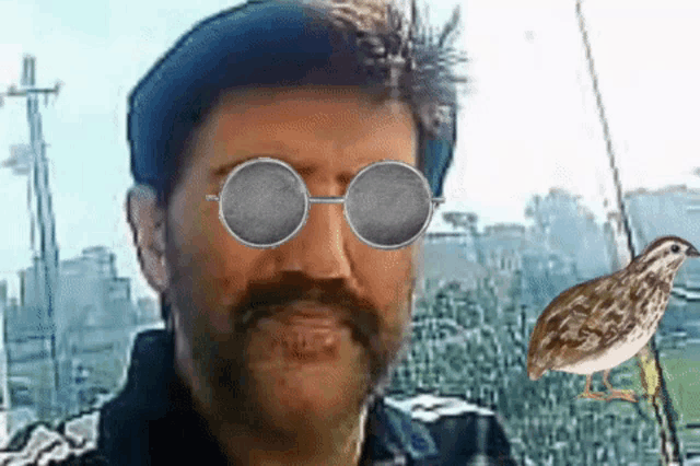 a man with a mustache wearing sunglasses stands next to a quail